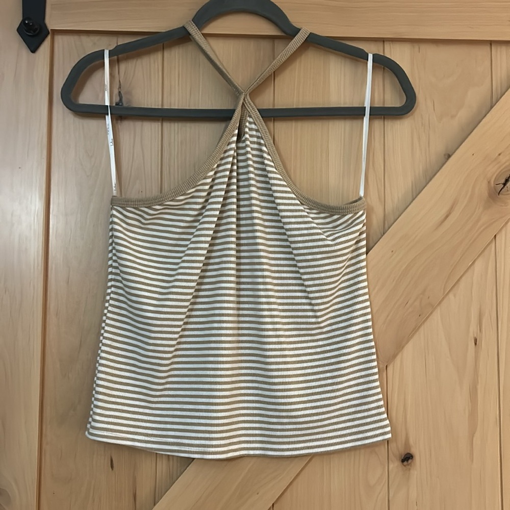 Lulus- Beige Striped Ribbed Halter Top - Size XL
